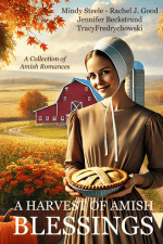 A Harvest of Amish Blessings book cover with smiling woman holding pie