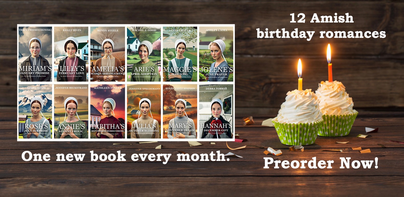 collage of 12 book covers about Amish birthday stories. Includes image of two birthday cupcakes.
