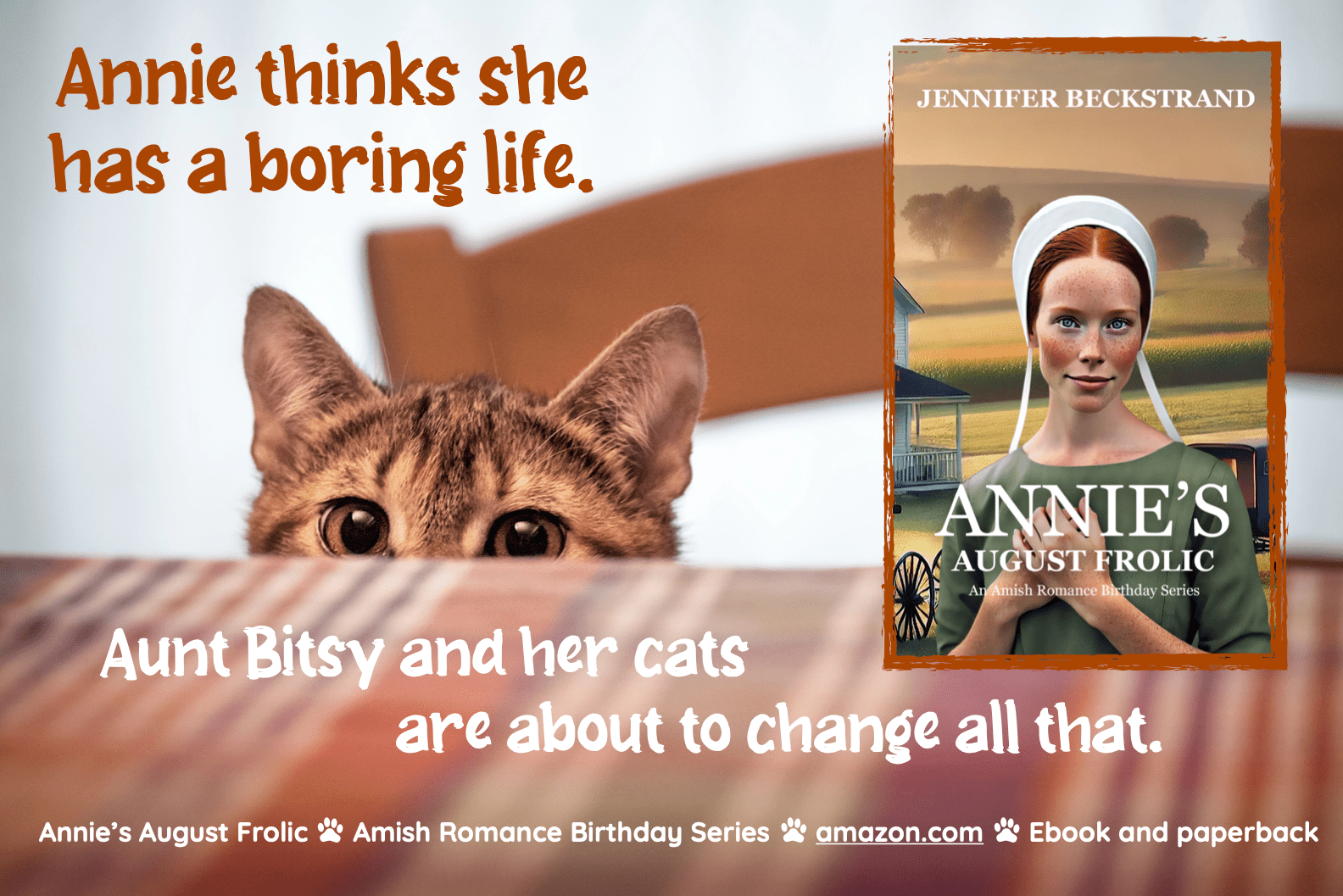 Cat peaking over table with inset book cover with amish woman in green dress