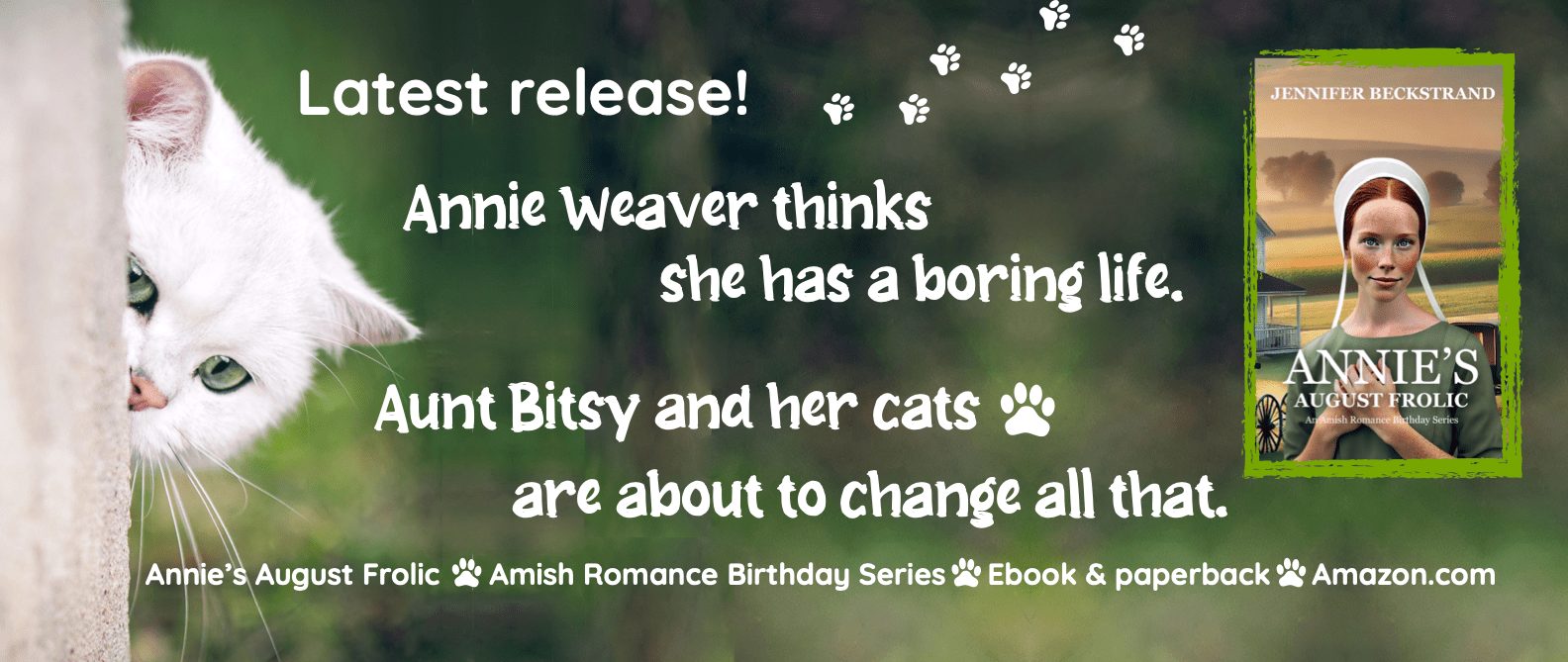 Annie's August Frolic - Book title Amish woman with red hair, green eyes, in green dress