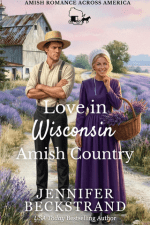 book cover with smiling Amish couple, with woman wearing purple dress