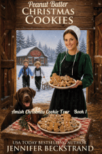 Amish woman in green dress holding plate of cookies in barn